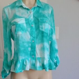 Passport Teal Button-Up Shirt with Ruffle Hem